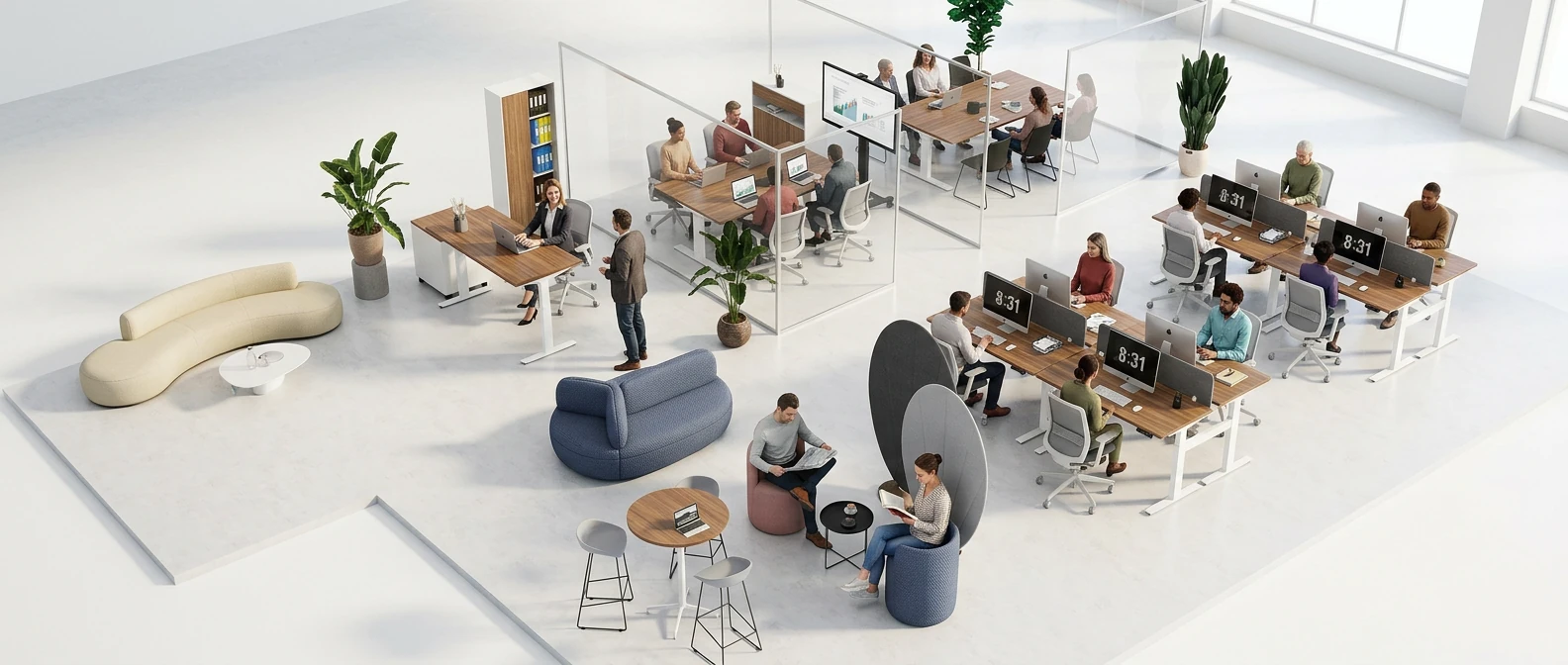 Modern office furniture layout with workstations, meeting rooms and lounge seating